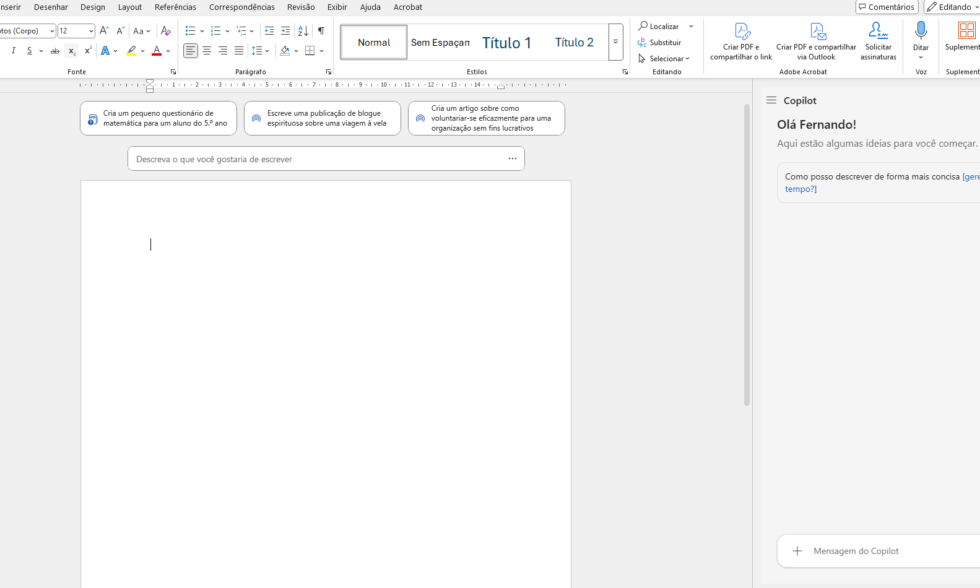 Captura de tela do Word com o Copilot ativo
